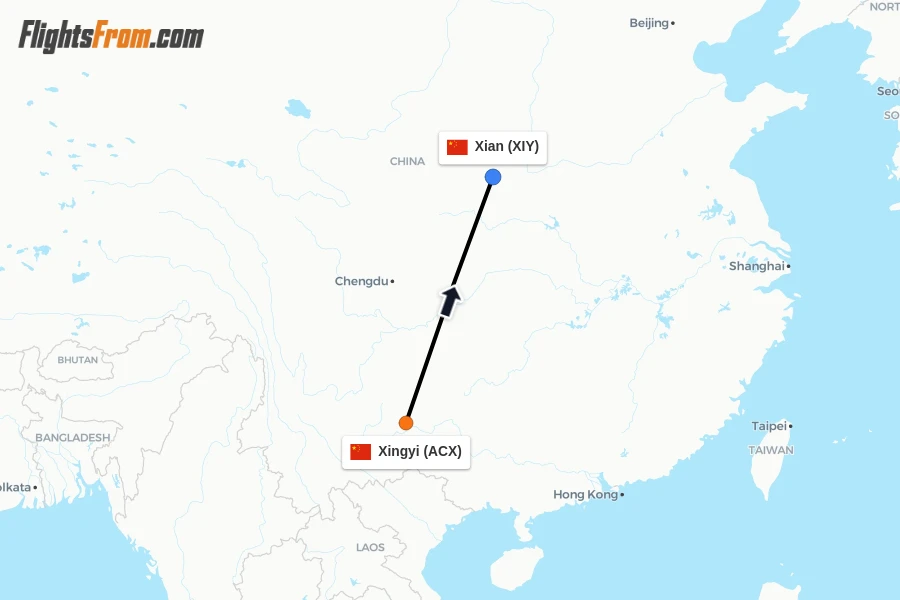 Flights from Xingyi to Xian route map