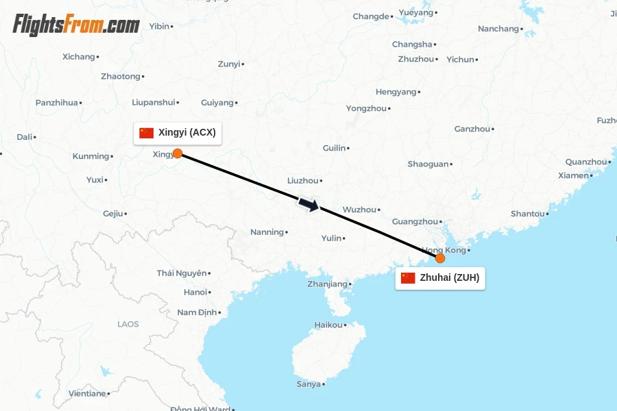 Flights from Xingyi to Zhuhai route map