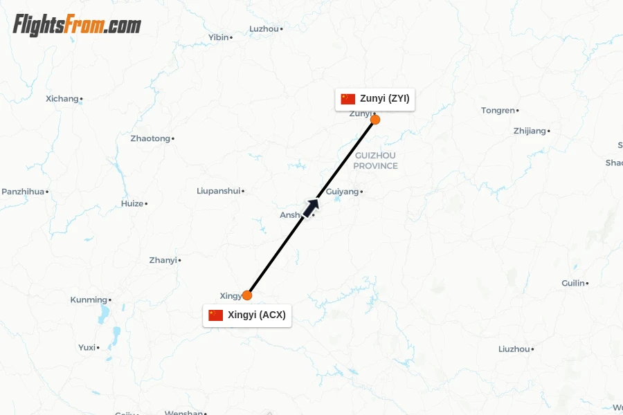 Flights from Xingyi to Zunyi route map