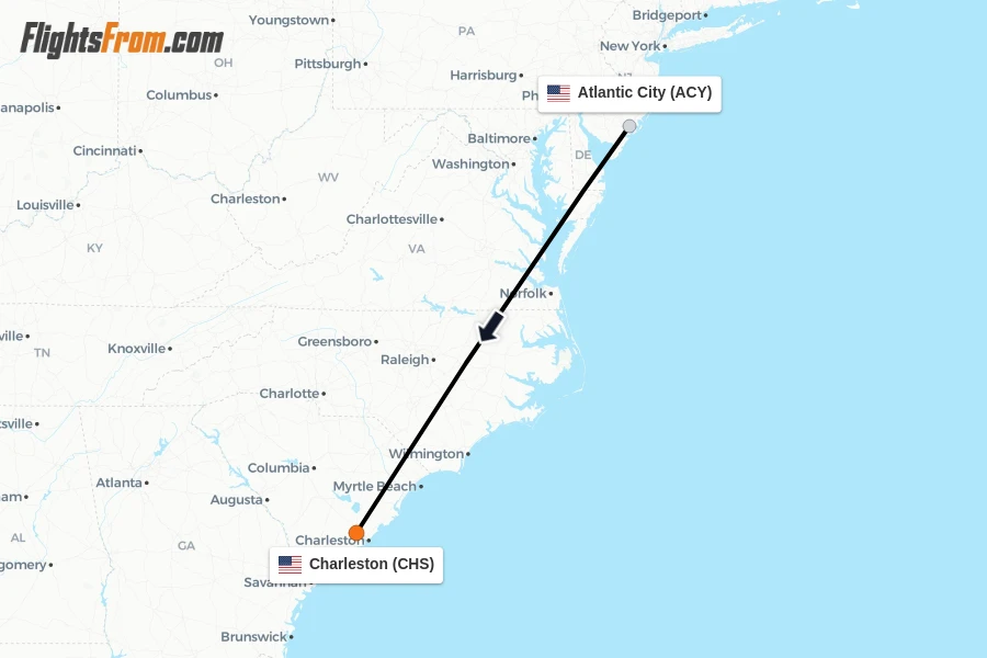Flights from Atlantic City to Charleston route map