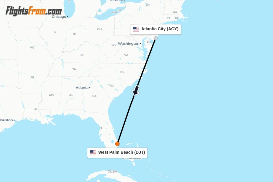Flights from Atlantic City to West Palm Beach route map
