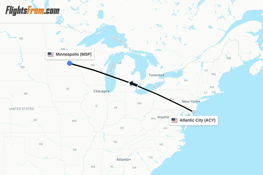 Flights from Atlantic City to Minneapolis route map