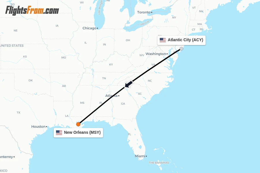 Flights from Atlantic City to New Orleans route map