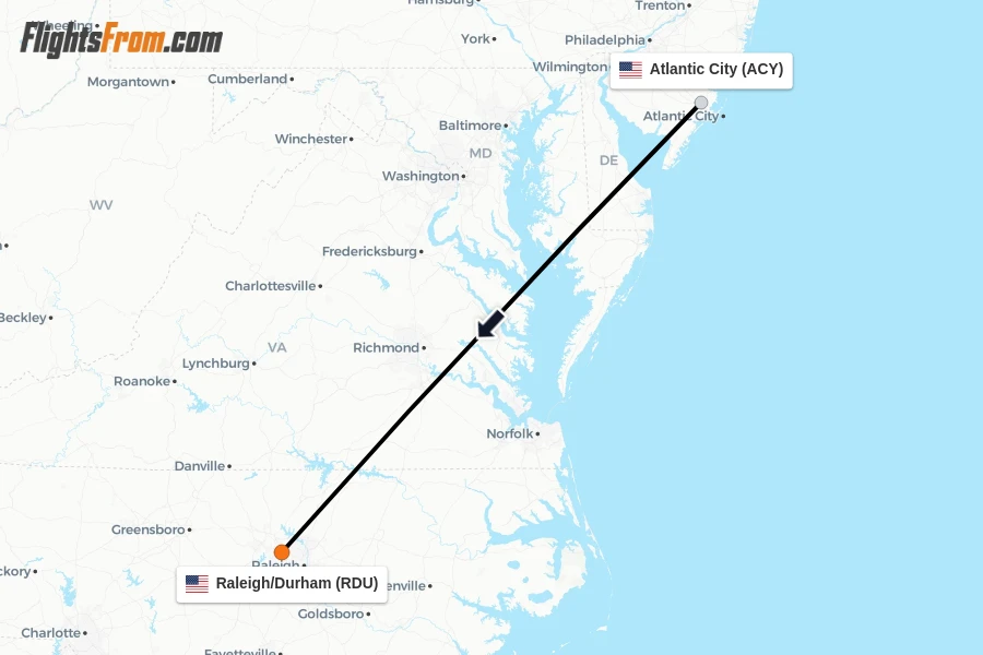 Flights from Atlantic City to Raleigh/Durham route map