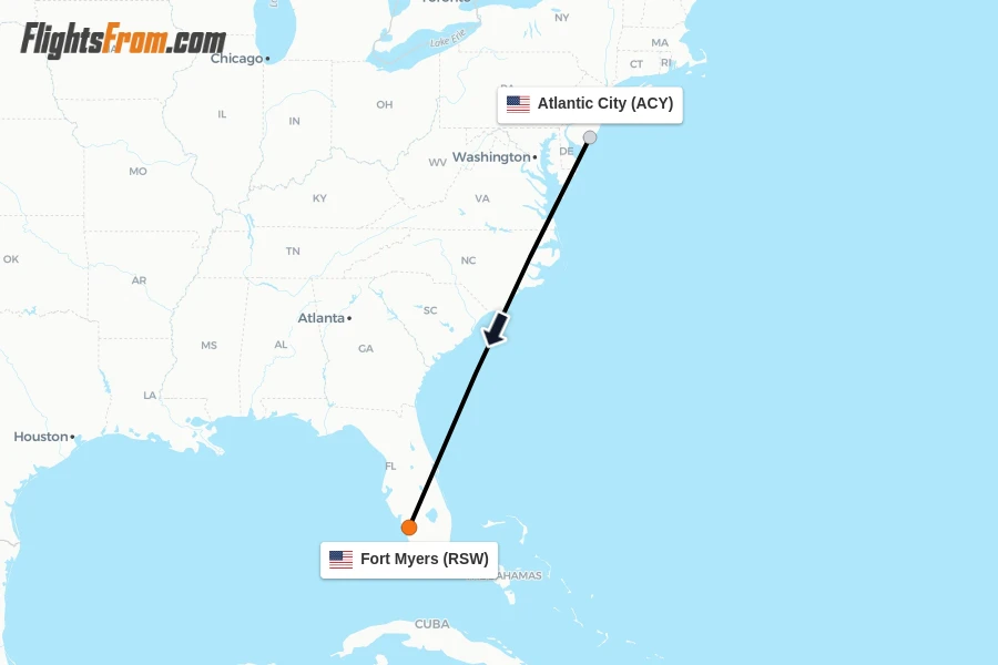 Flights from Atlantic City to Fort Myers route map