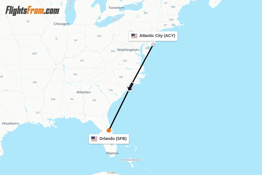 Flights from Atlantic City to Orlando route map