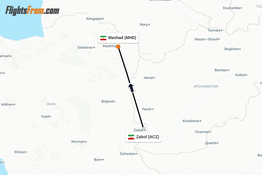 Flights from Zabol to Mashad route map