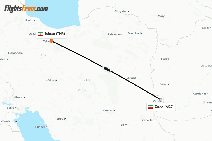 Flights from Zabol to Tehran route map