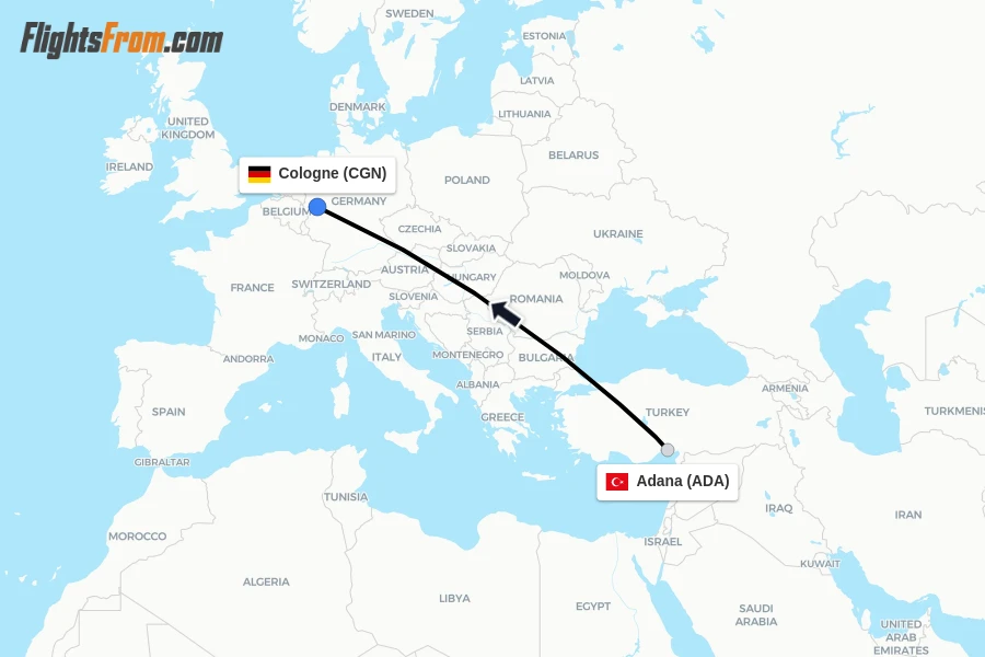 Flights from Adana to Cologne route map