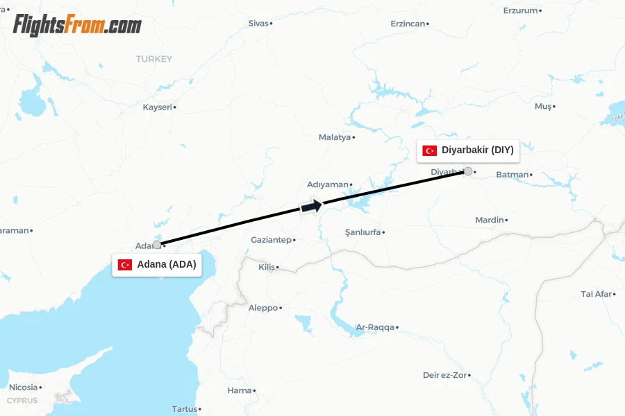 Flights from Adana to Diyarbakir route map