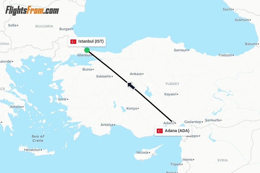 Flights from Adana to Istanbul route map