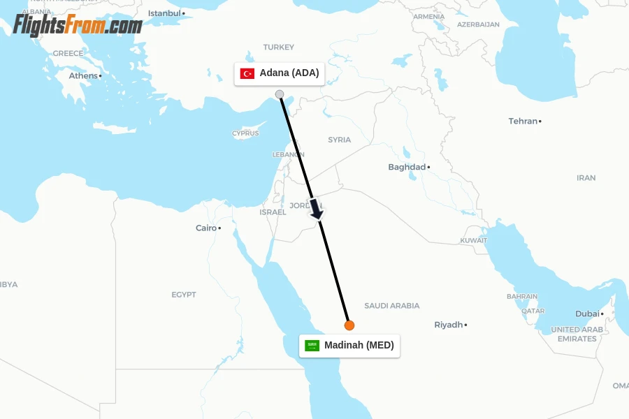 Flights from Adana to Madinah route map