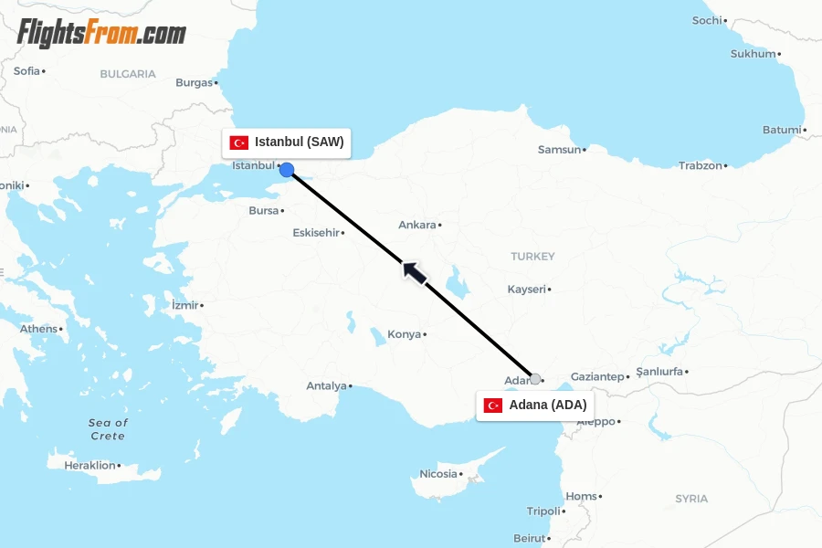Flights from Adana to Istanbul route map