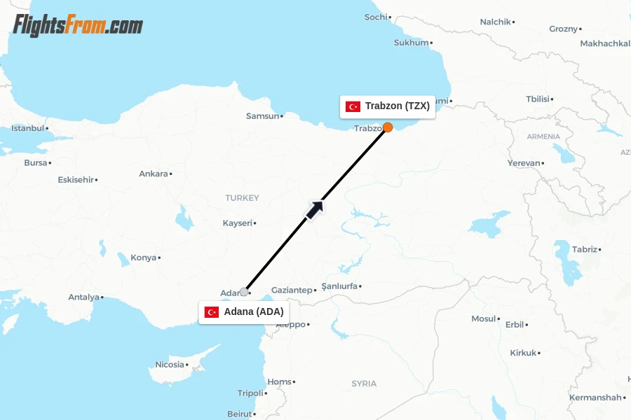 Flights from Adana to Trabzon route map