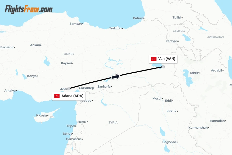 Flights from Adana to Van route map