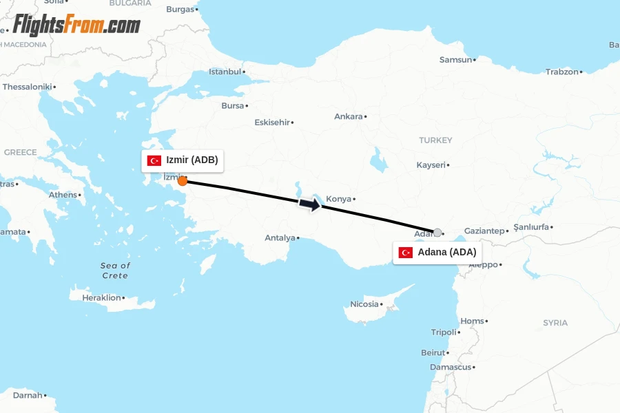 Flights from Izmir to Adana route map