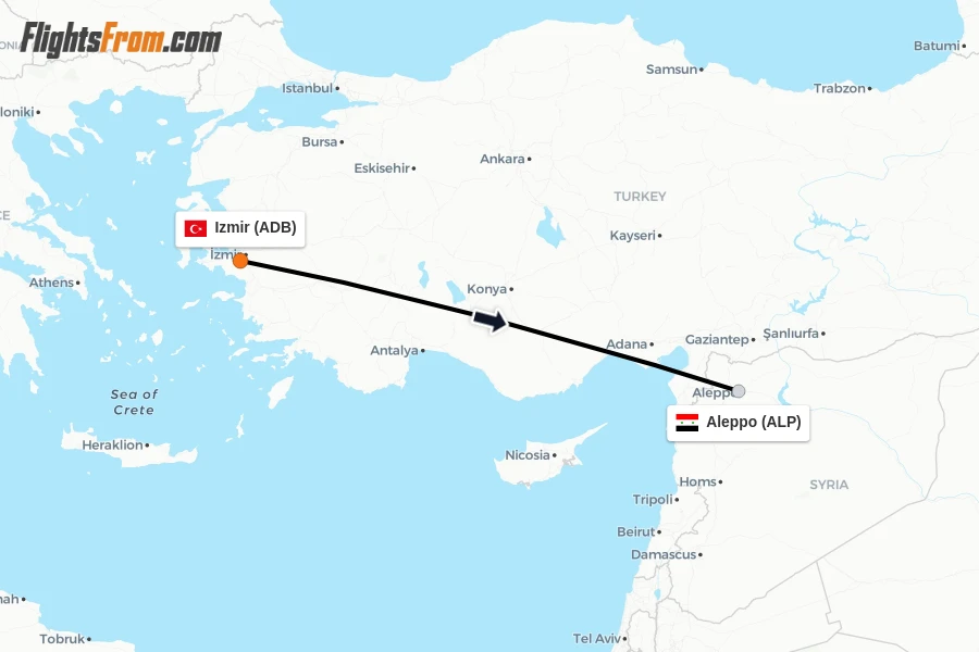 Flights from Izmir to Aleppo route map