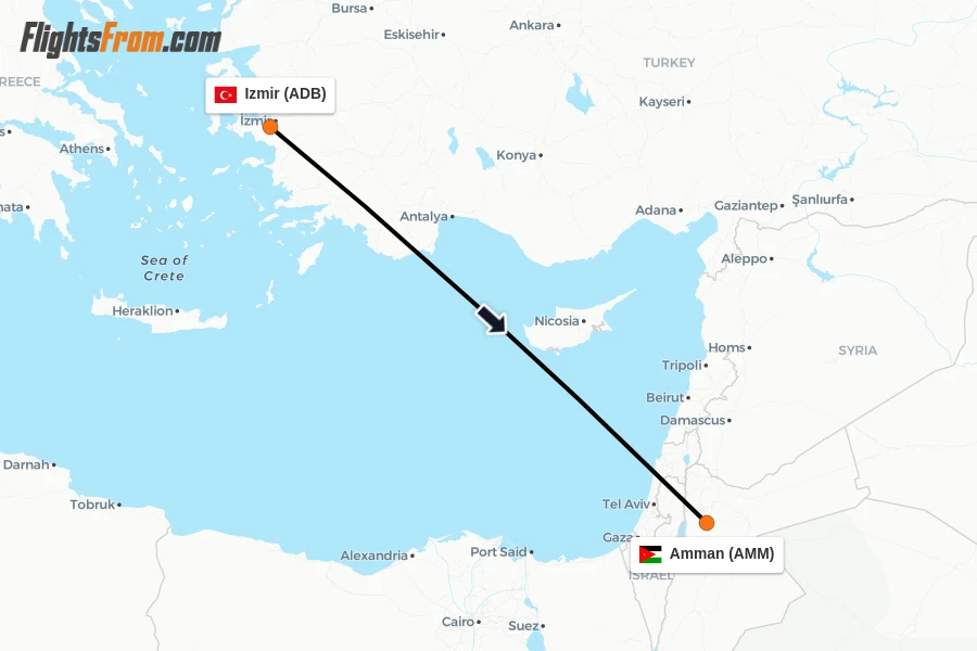 Flights from Izmir to Amman route map