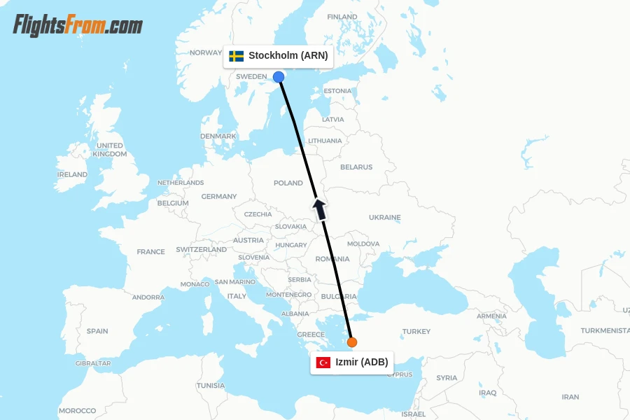 Flights from Izmir to Stockholm route map