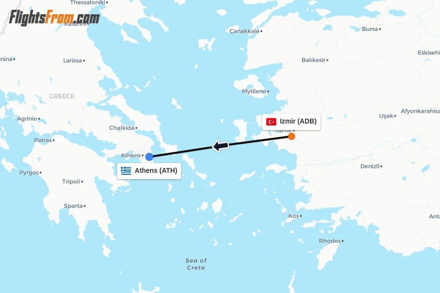 Flights from Izmir to Athens route map