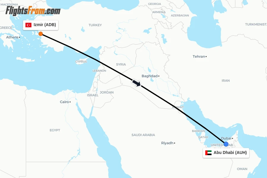 Flights from Izmir to Abu Dhabi route map