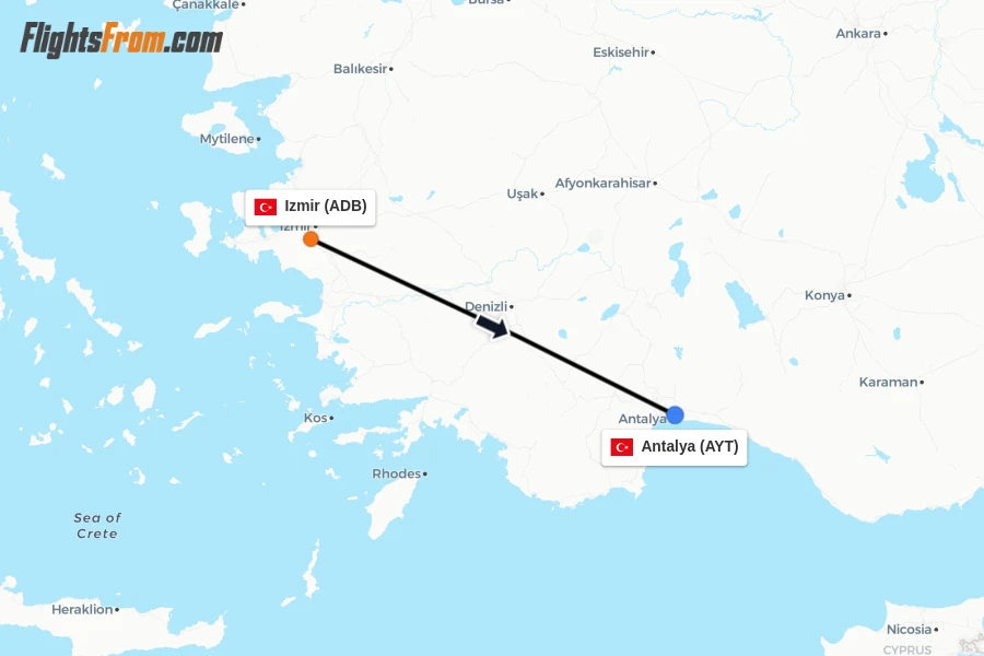Flights from Izmir to Antalya route map