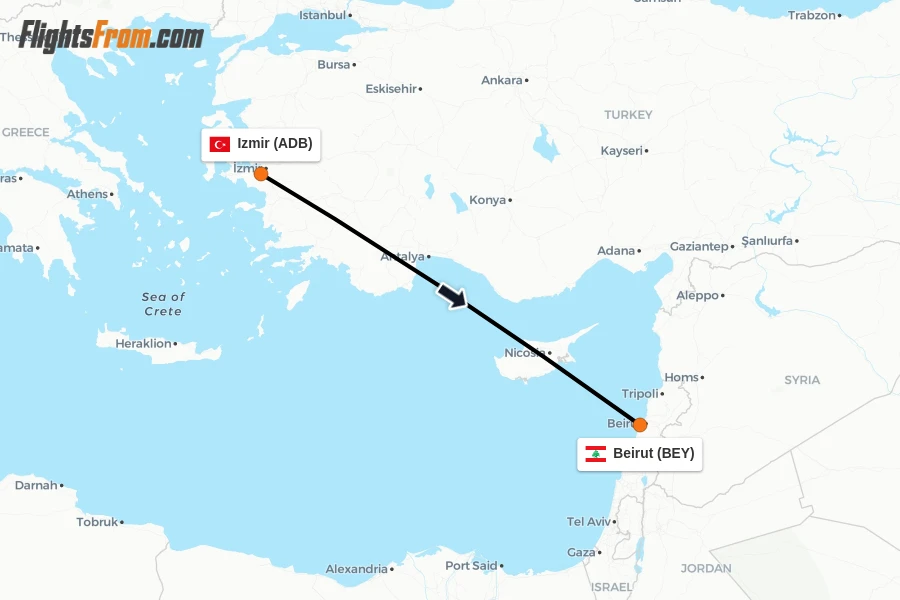 Flights from Izmir to Beirut route map
