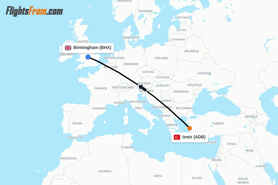 Flights from Izmir to Birmingham route map