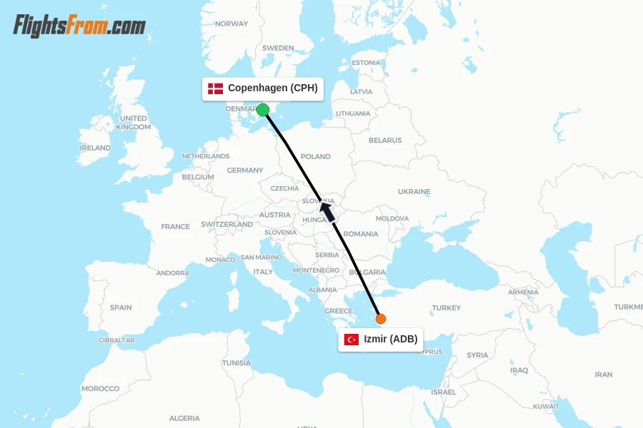 Flights from Izmir to Copenhagen route map