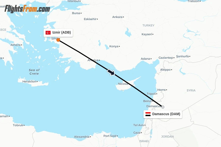 Flights from Izmir to Damascus route map