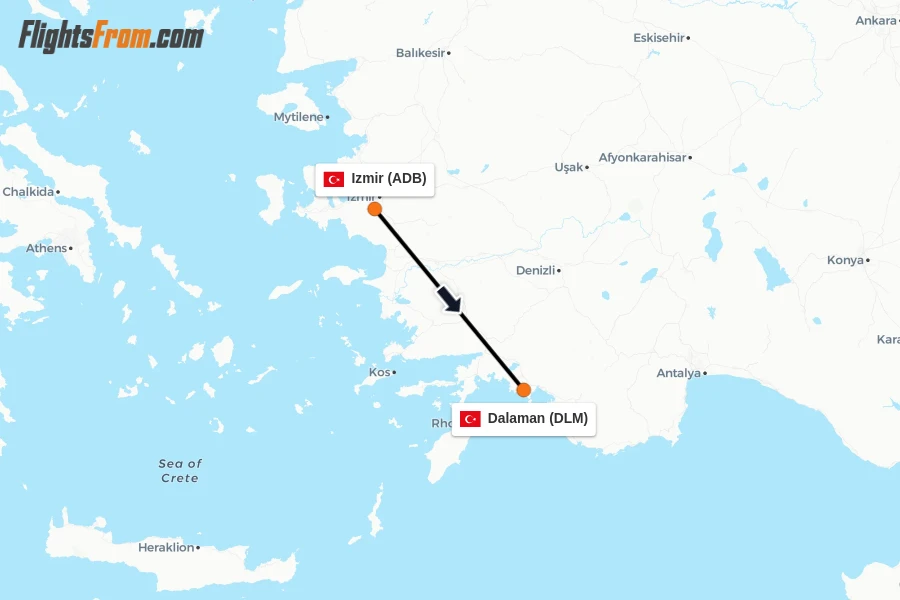 Flights from Izmir to Dalaman route map