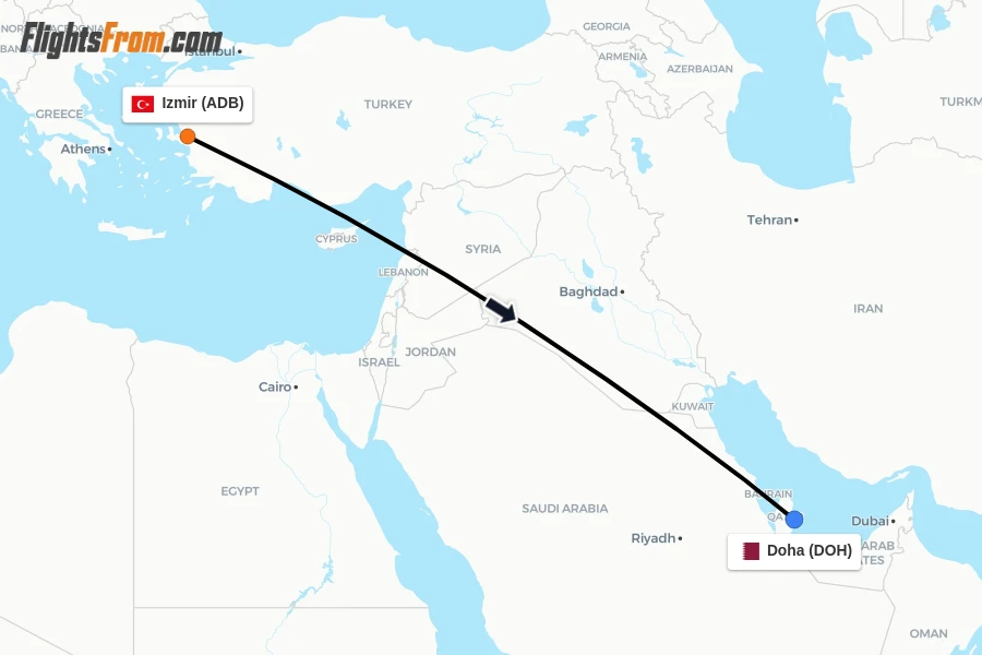 Flights from Izmir to Doha route map