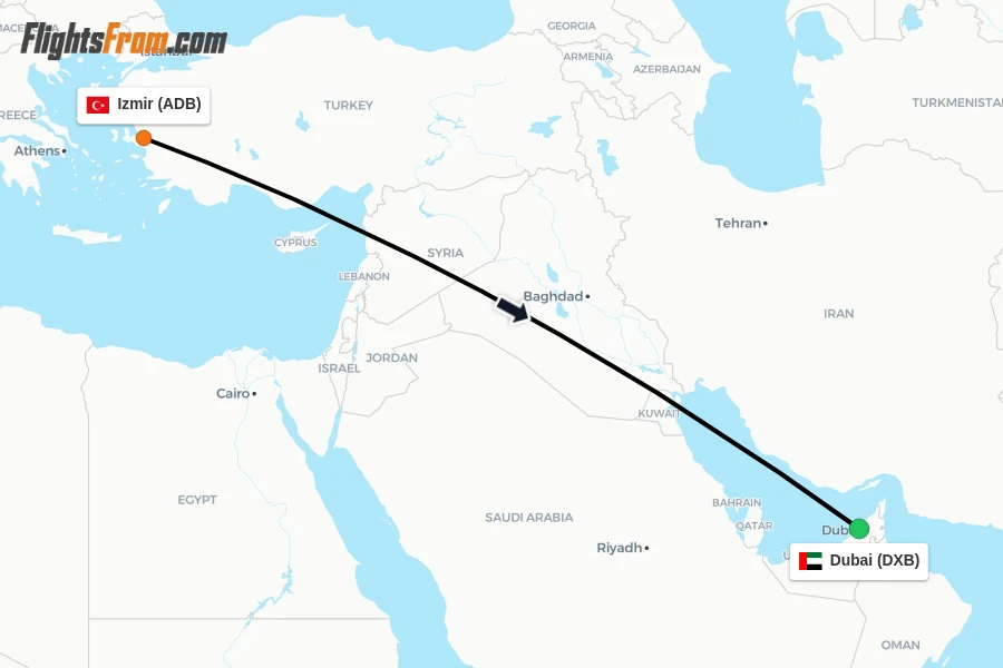 Flights from Izmir to Dubai route map