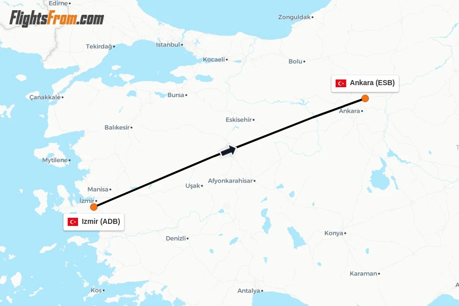 Flights from Izmir to Ankara route map