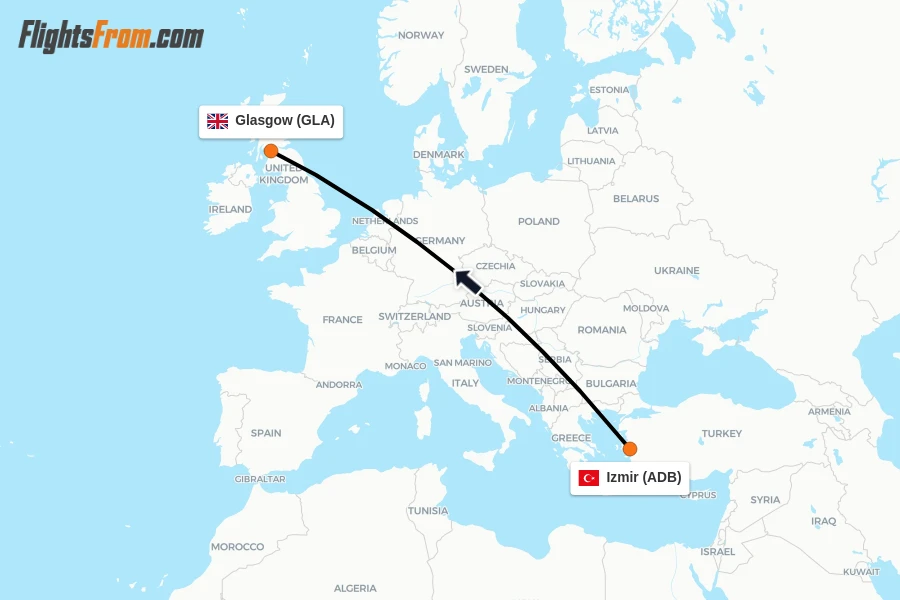 Flights from Izmir to Glasgow route map