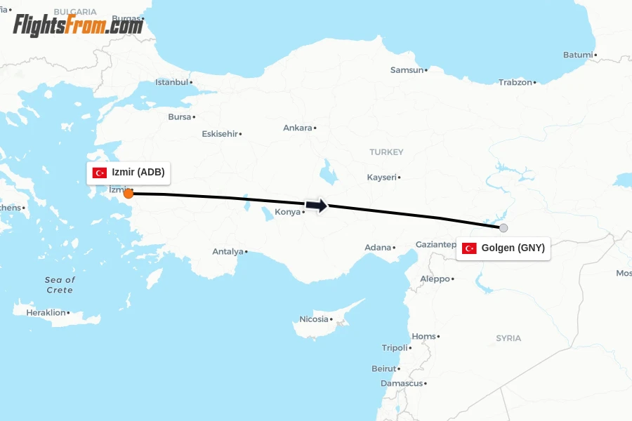 Flights from Izmir to Golgen route map