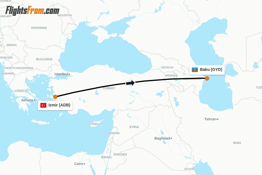 Flights from Izmir to Baku route map