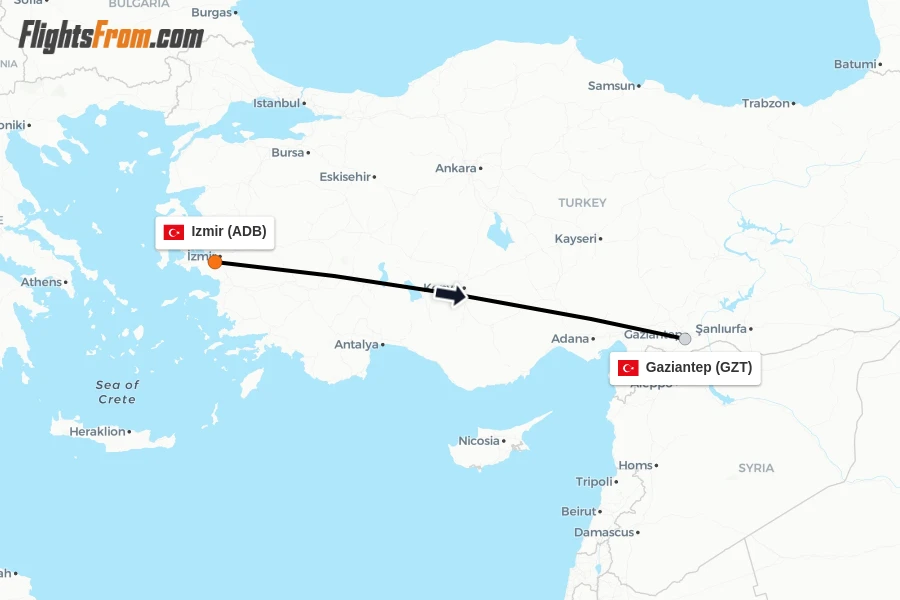 Flights from Izmir to Gaziantep route map