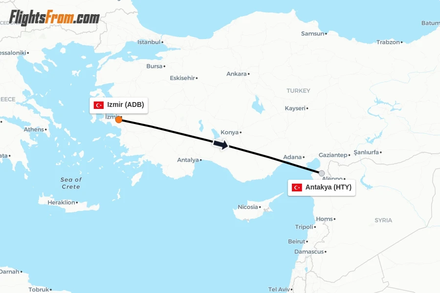 Flights from Izmir to Antakya route map