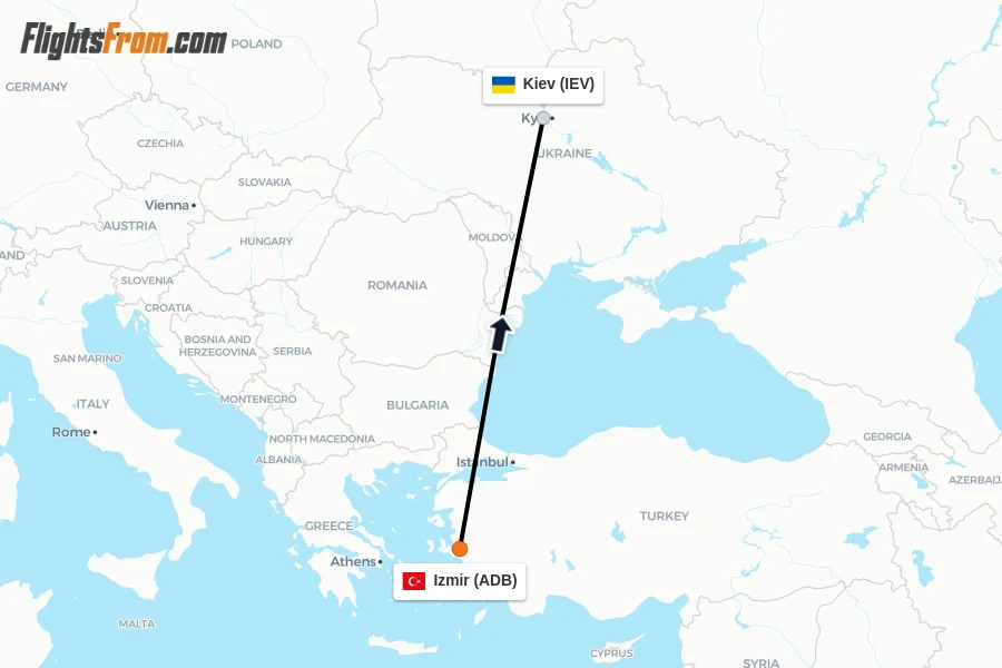 Flights from Izmir to Kiev route map