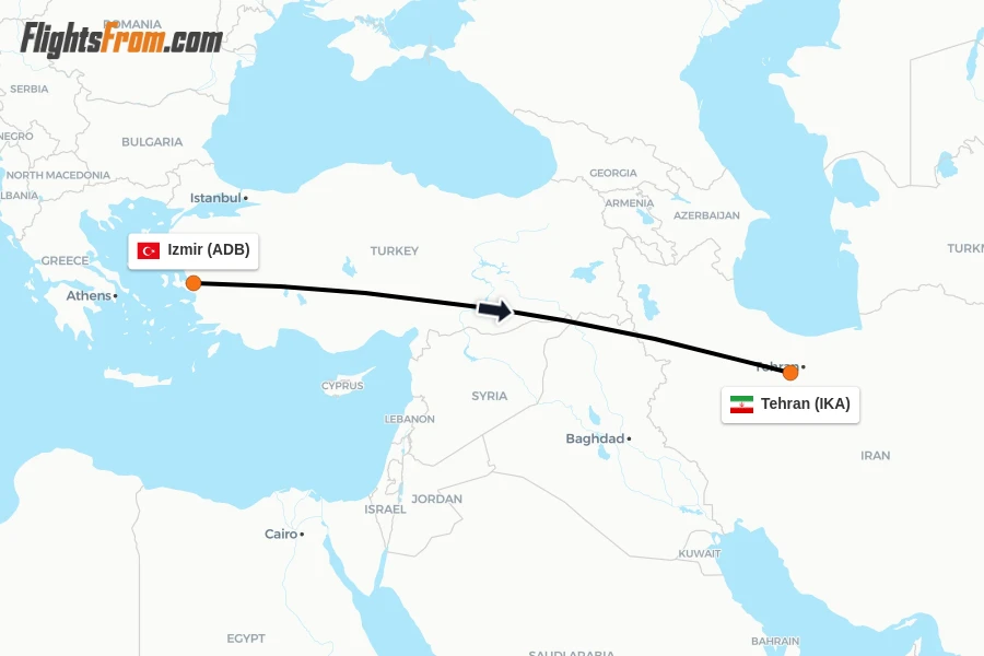 Flights from Izmir to Tehran route map