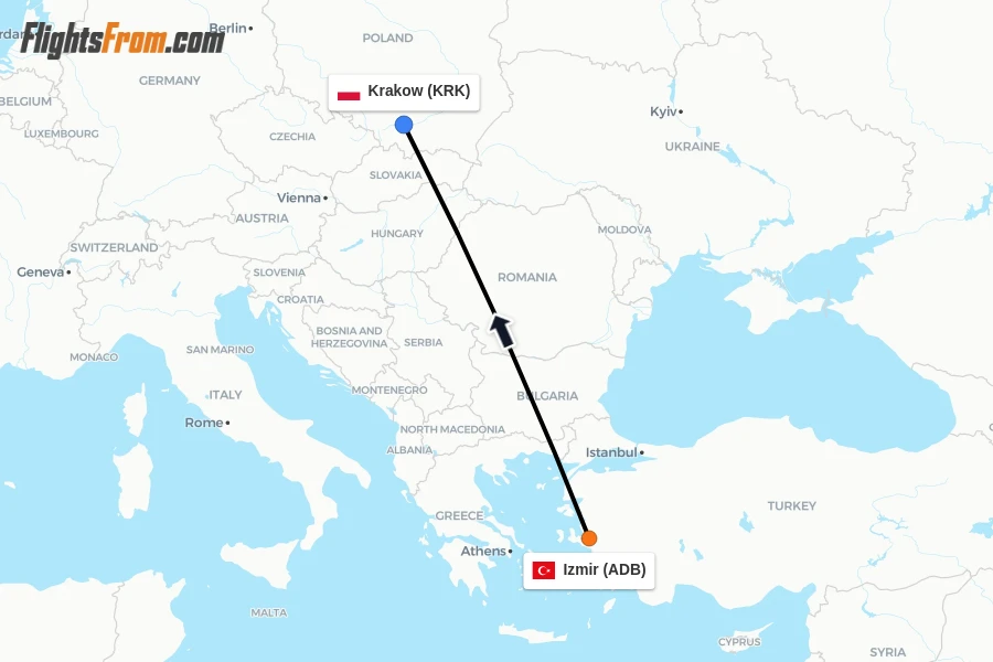 Flights from Izmir to Krakow route map