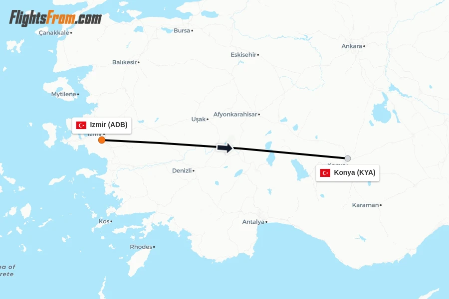 Flights from Izmir to Konya route map