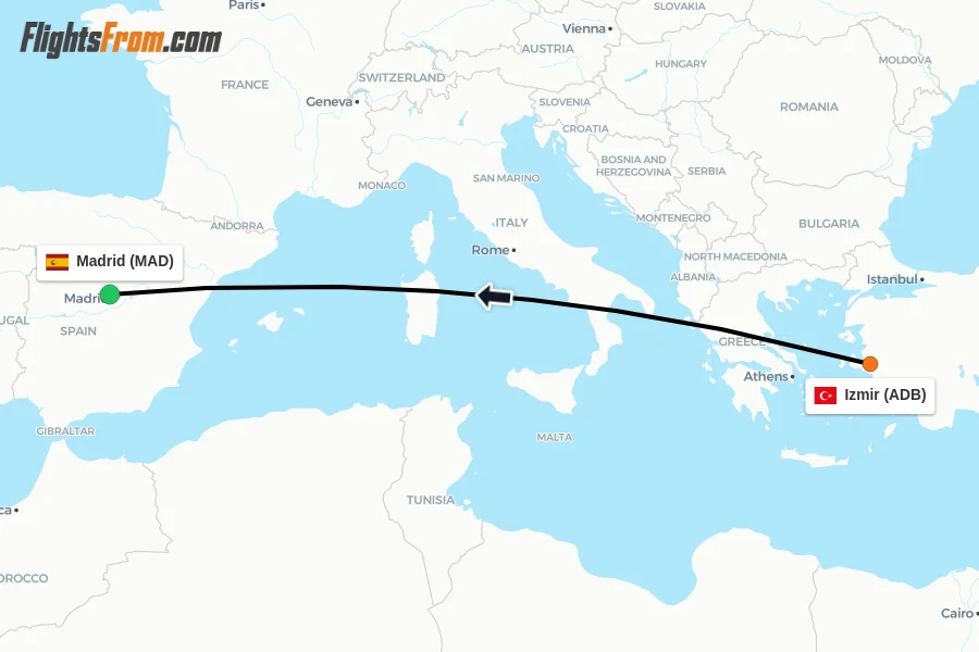 Flights from Izmir to Madrid route map