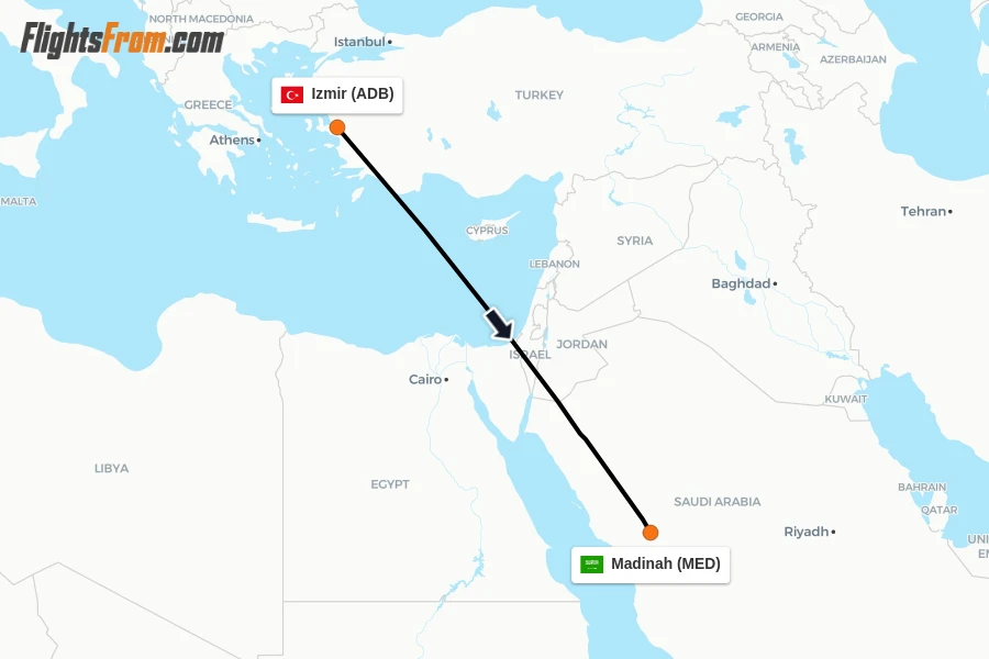 Flights from Izmir to Madinah route map