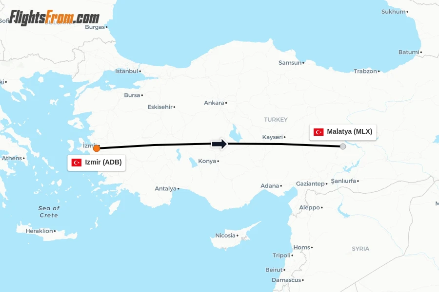 Flights from Izmir to Malatya route map
