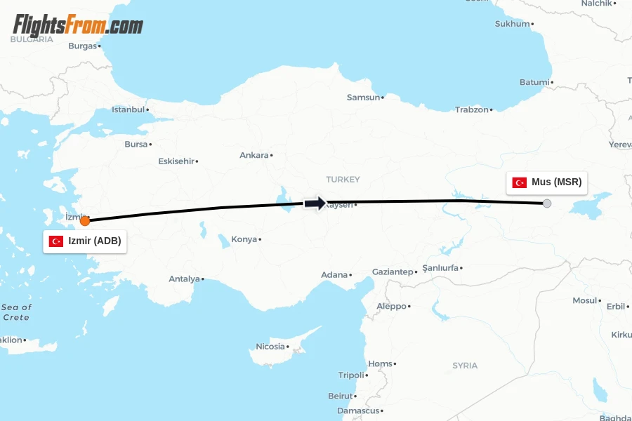 Flights from Izmir to Mus route map