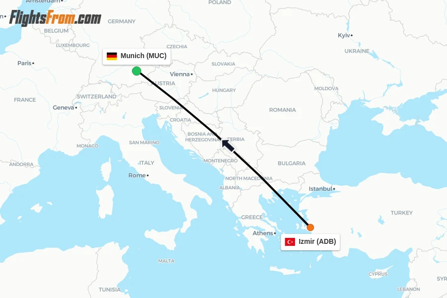 Flights from Izmir to Munich route map
