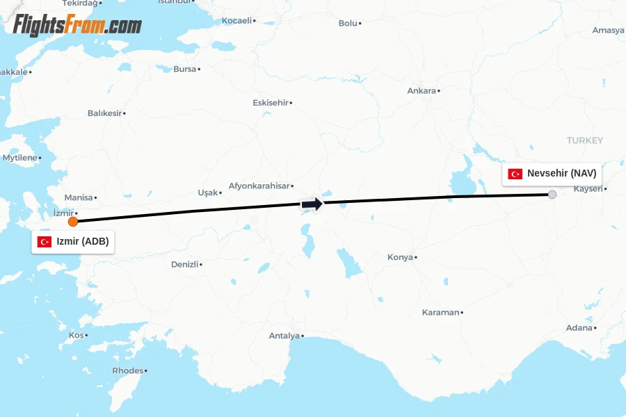 Flights from Izmir to Nevsehir route map