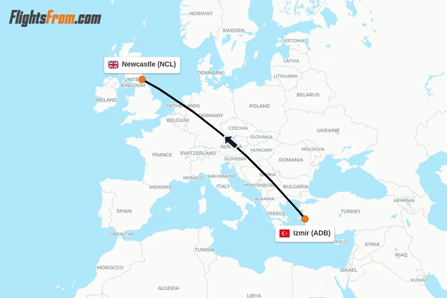 Flights from Izmir to Newcastle route map